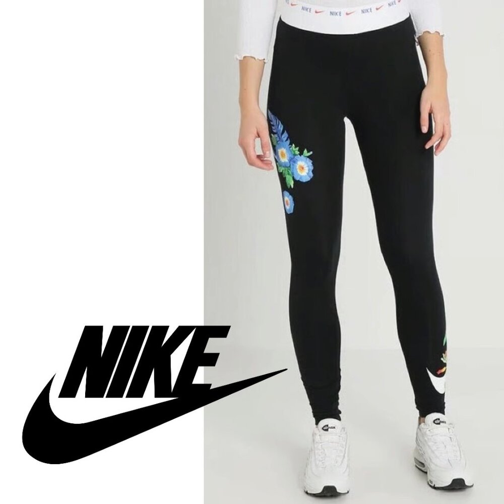 EUC Nike Black Hyper Femme Floral Logo High Rise Leggings Sz S - Picture 4 of 11